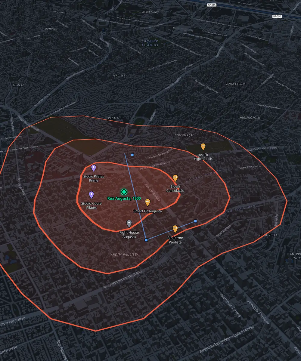 Mapa 3D do Atlas: isócronas a pé e concorrentes no raio de um ponto candidato